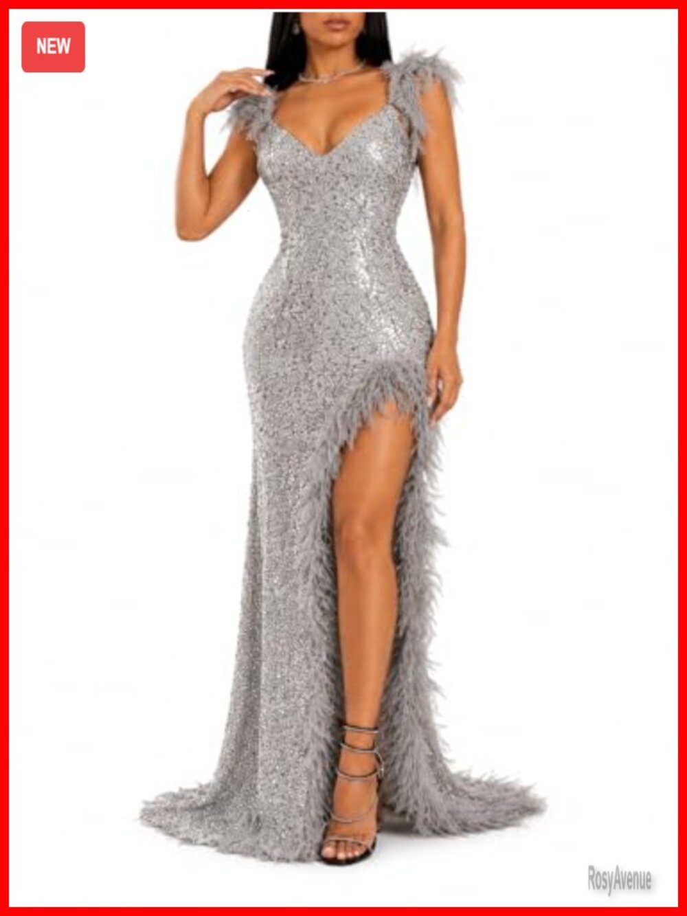 Sequin Formal Prom Dress Feather High Slit Evening Gown Floor Length V-Neck